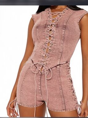 Denim lace up romper